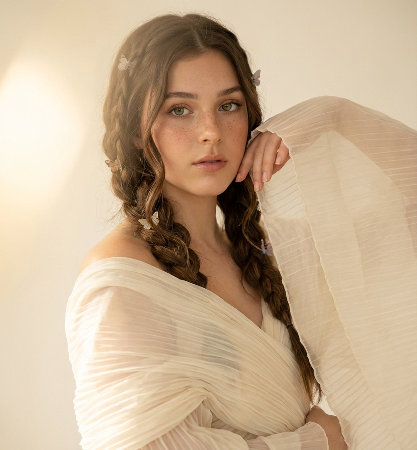 Greek Aesthetic Portrait Template  — Edit this photo. a close-up portrait of a voung elegant woman with soft natural makeup, with long brown wavy braids hair. s