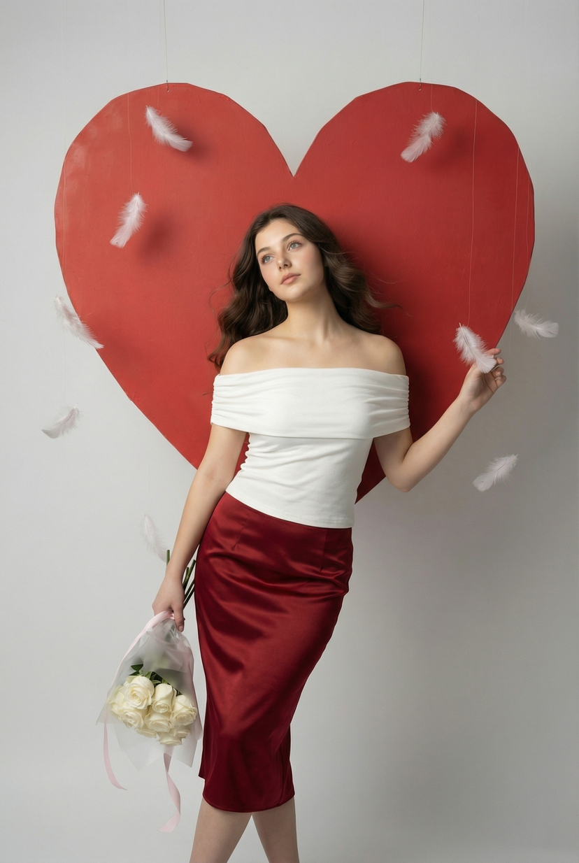 Serene Valentine Editorial Portrait — Edit the image to change only the pose: woman leaning slightly back against the heart prop, crossed…