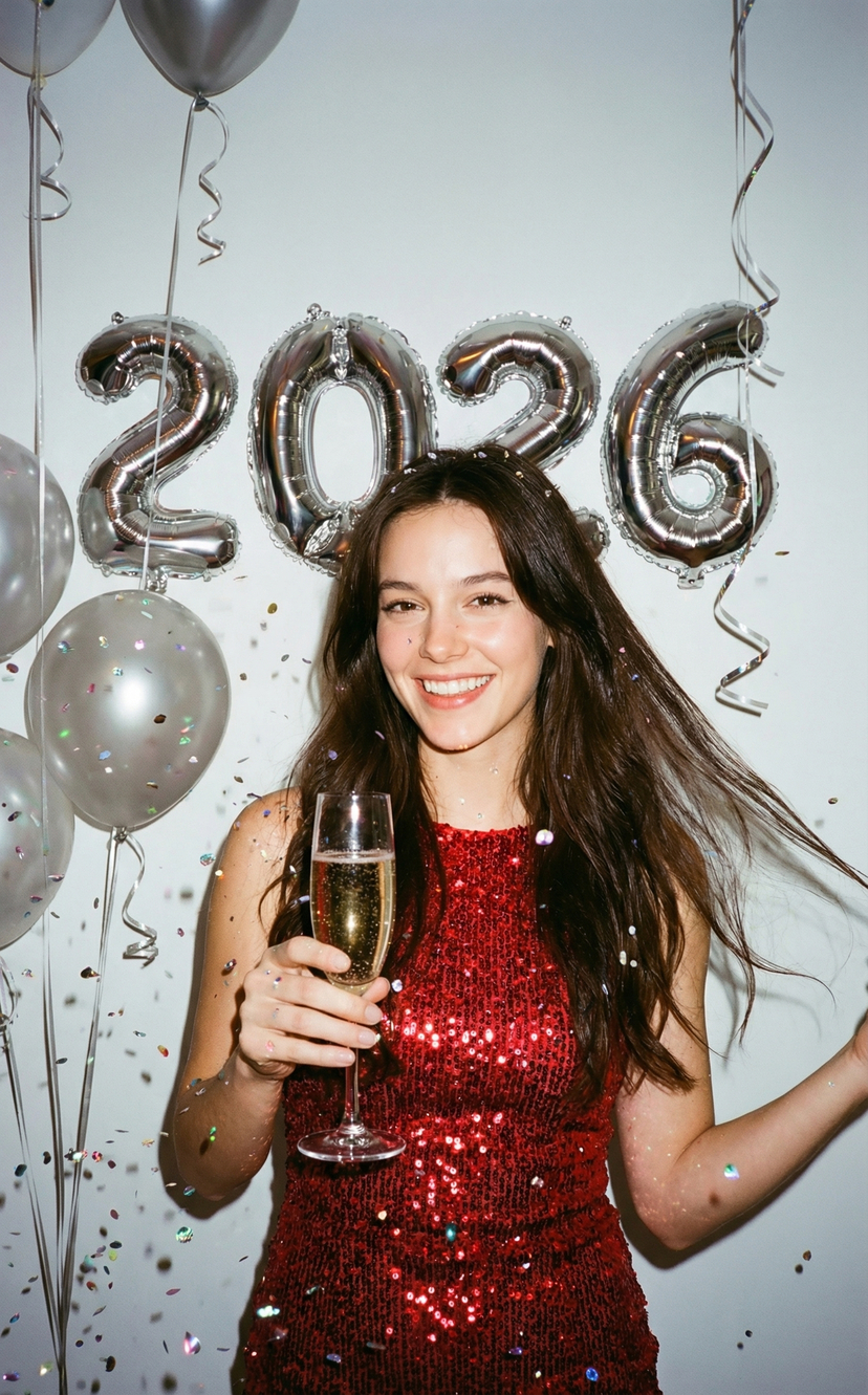 Vibrant 2026 Celebration Portrait ( Happy New Year) — A beautiful woman in a red sequin dress, with her long, flowing hair cascading around her shoulders, is sm