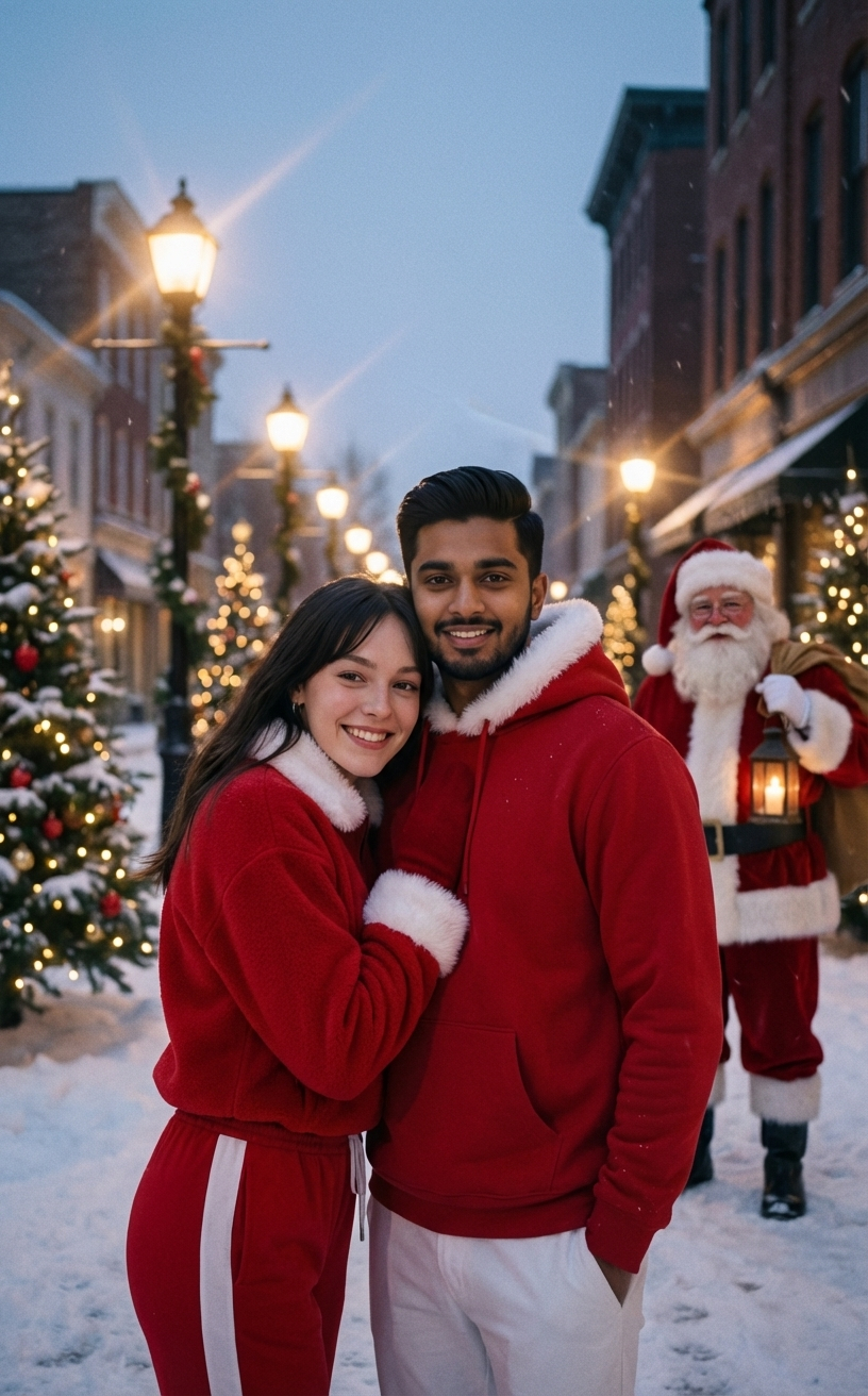Festive Couple Holiday Magic Template — "A joyful young Indian couple, dressed in festive red and white Santa-themed outfits, smiling warmly at the viewer. The 