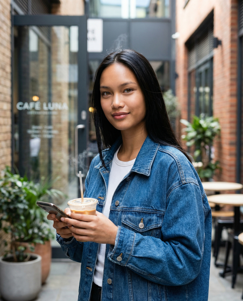 Urban Outdoor Cafe — Beautiful young woman photographed outdoors in an urban café corridor 
setting, captured in a vertical 4:5 portrait frame. Medium shot from