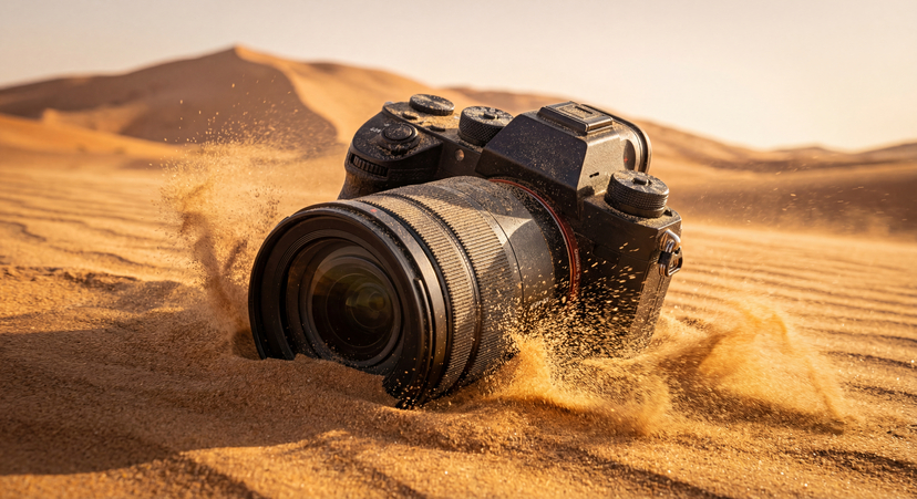 Sand Mirage 4K Mirrorless camera Visual — A single ultra-detailed 4K photorealistic image of a professional mirrorless camera half-buried in desert sand. The le