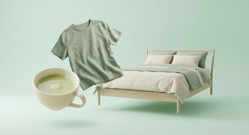 A cup of tea, comfortable clothes, and this lovely bed. — Tea, Tshirt, bed, floating in mid-air, suspended against seamless [blue, sky blue, red, mint] backgrou