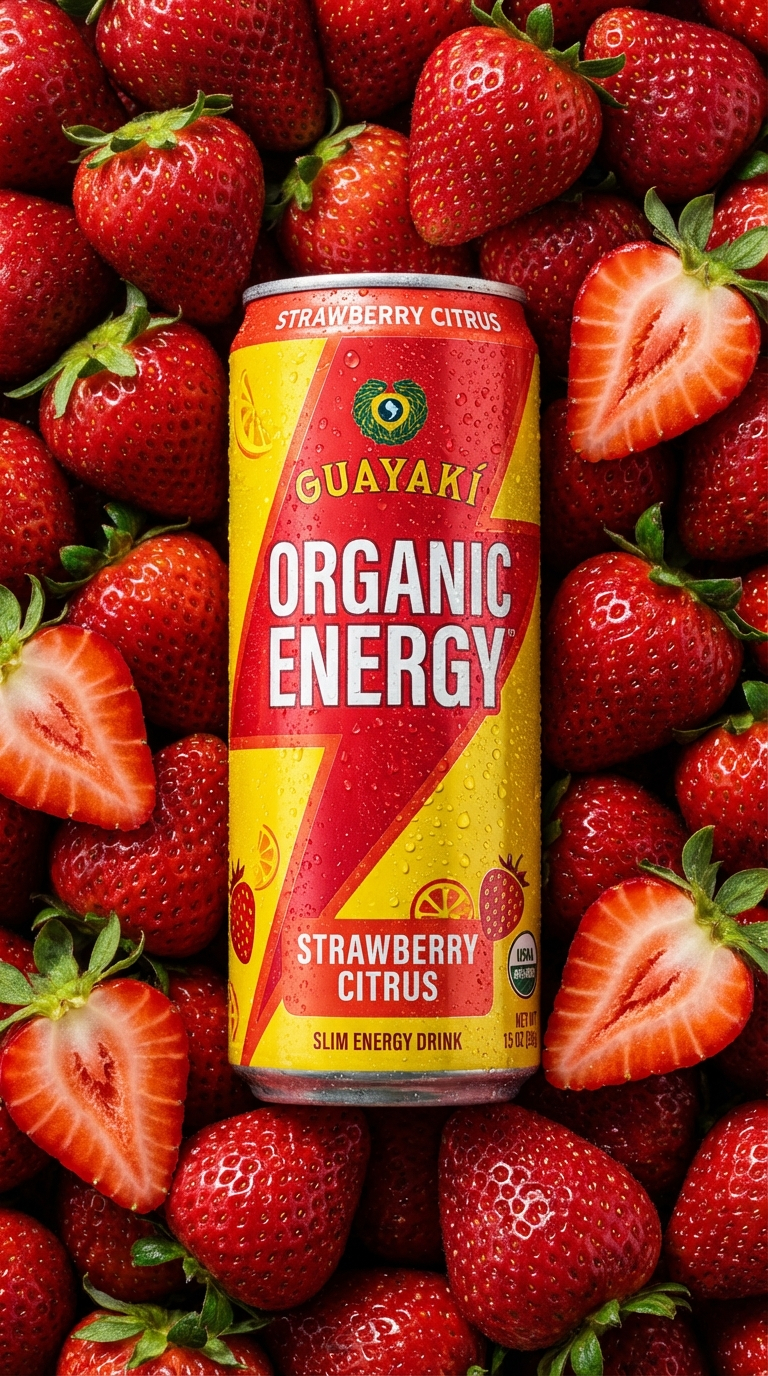 Energy Drink Creative Visual — Top-down macro product photography of a Guayakí Yerba Mate slim energy drink can placed perfectly centered, completely surrounded