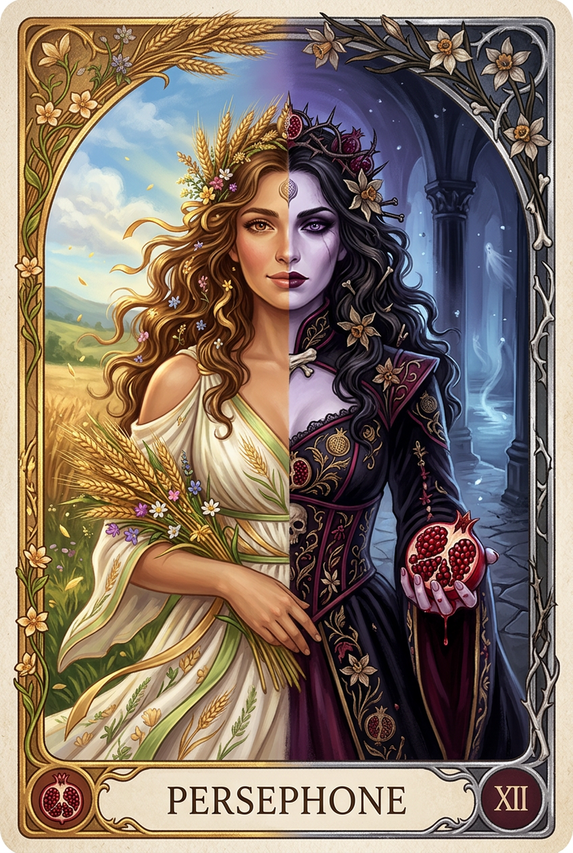 Persephone deity card AI image template preview