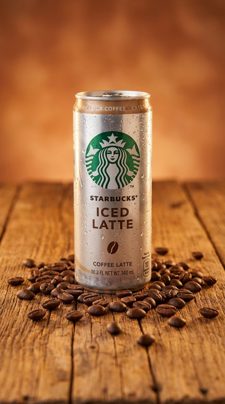 Rustic Starbucks Latte Beverage Shot — Studio product shot of a Starbucks Iced Latte aluminum can placed on a rustic wooden platform, surrounded by scattered ro