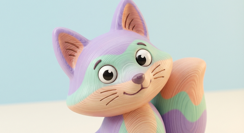 A Little Smile in a Pastel World — A cute stylized 3D character designed like a hand-carved wooden toy, pastel color palette with smooth wavy gradient textures.