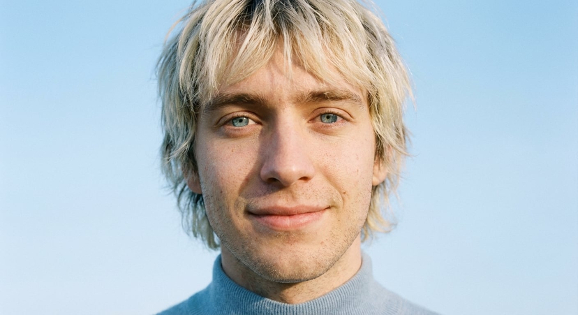 A Quiet Smile in the Morning Light — An extreme close-up beauty shot of a young man with a shaggy, sun-bleached blonde haircut. He has striking pale blue eyes t