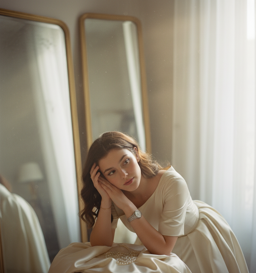 Dior Silk Dress 1950s — Ethereal woman in a 1950s-inspired Dior silk dress, soft ivory fabric flowing in motion captured on ARRI Alexa Mini LF with Zeiss Suprem