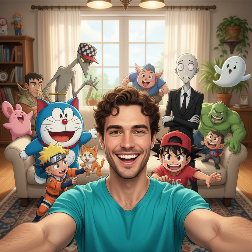 Cartoon Friends Meetup at Home AI image template preview