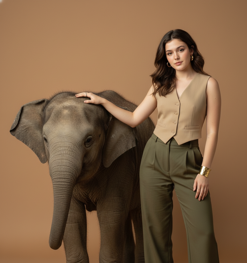 Pose with Elephant Studio Portrait — Studio portrait with the uploaded image standing beside a young elephant, touching its trunk. Outfit: olive-green high-wais