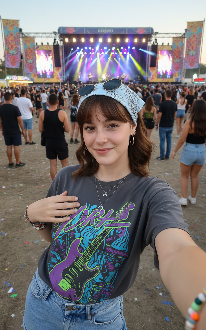 Instagram Post in Music Concert — uploaded image enjoying a concert or music festival in music concert types attire according to gender keeping facial features,