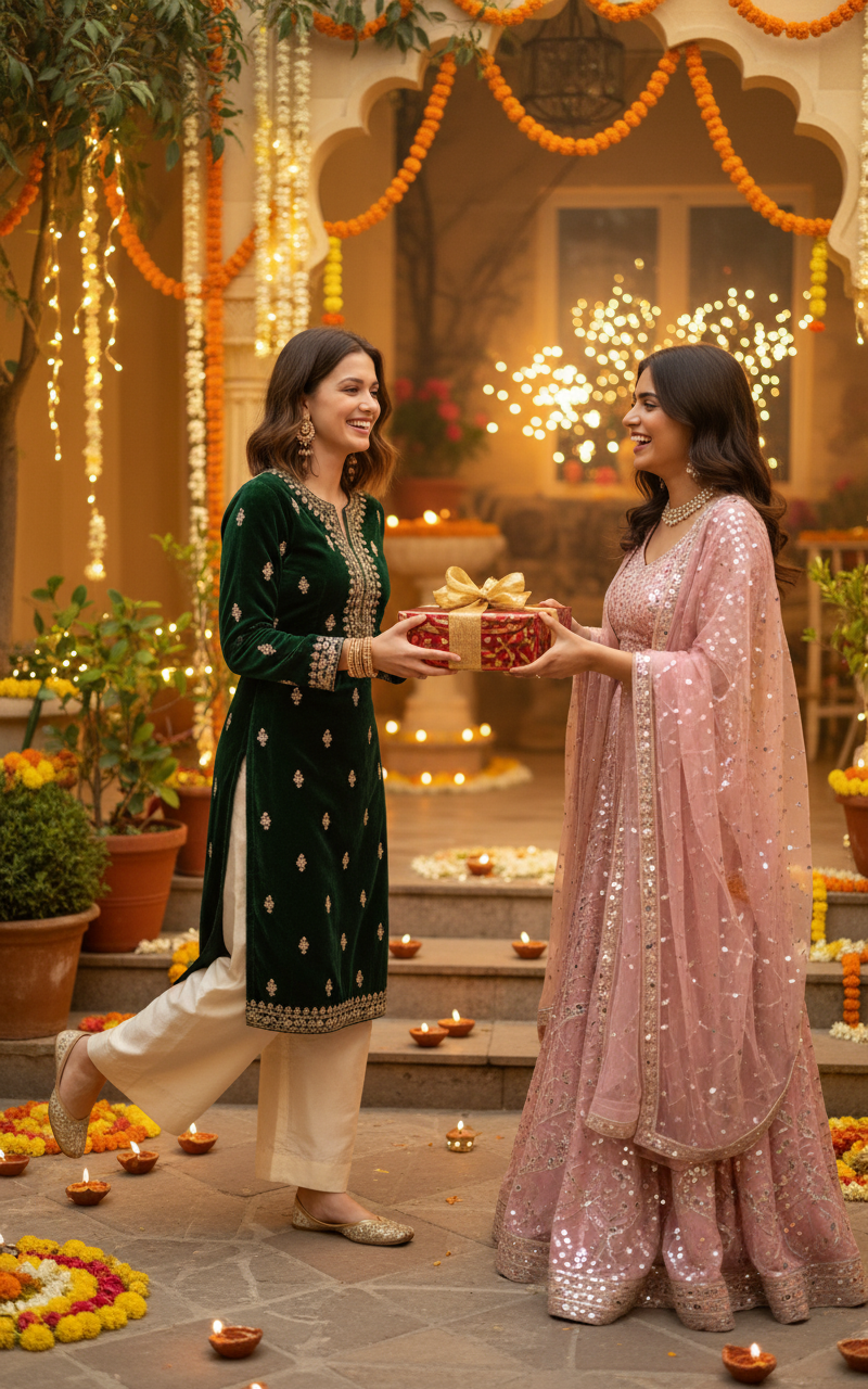 Diwali Gift Sharing — Use the uploaded image of the person. Dress them in a modern festive outfit. Show them handing over a beautifully wrapped Diwali gift box 