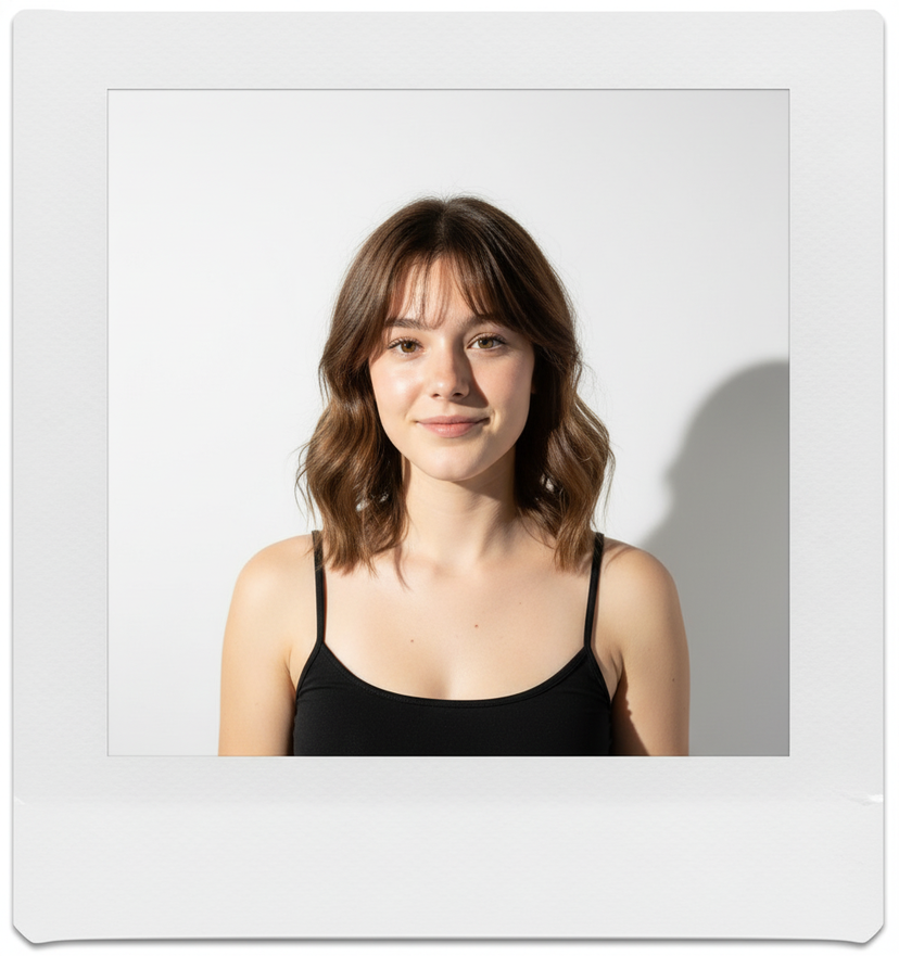 Instant Camera Polaroid 3 — Pick a hairstyle or accessory that would suit my style — for example, bangs, a sleek bun, soft waves, or statement earrings — and th