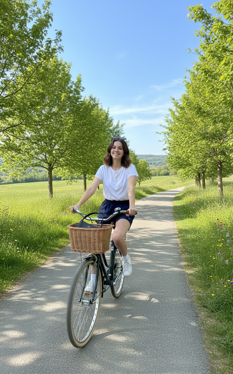 Instagram Post - Biking — a stylish uploaded image enjoying a leisurely bike ride with casual clothes along a scenic path keeping facial features, style and hai