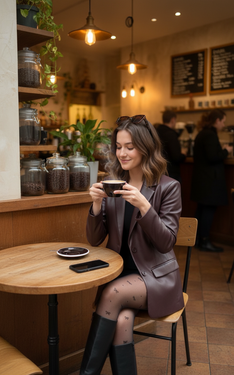 Instagram Cafe Post — uploaded image in a trendy café, holding a freshly brewed cup of coffee