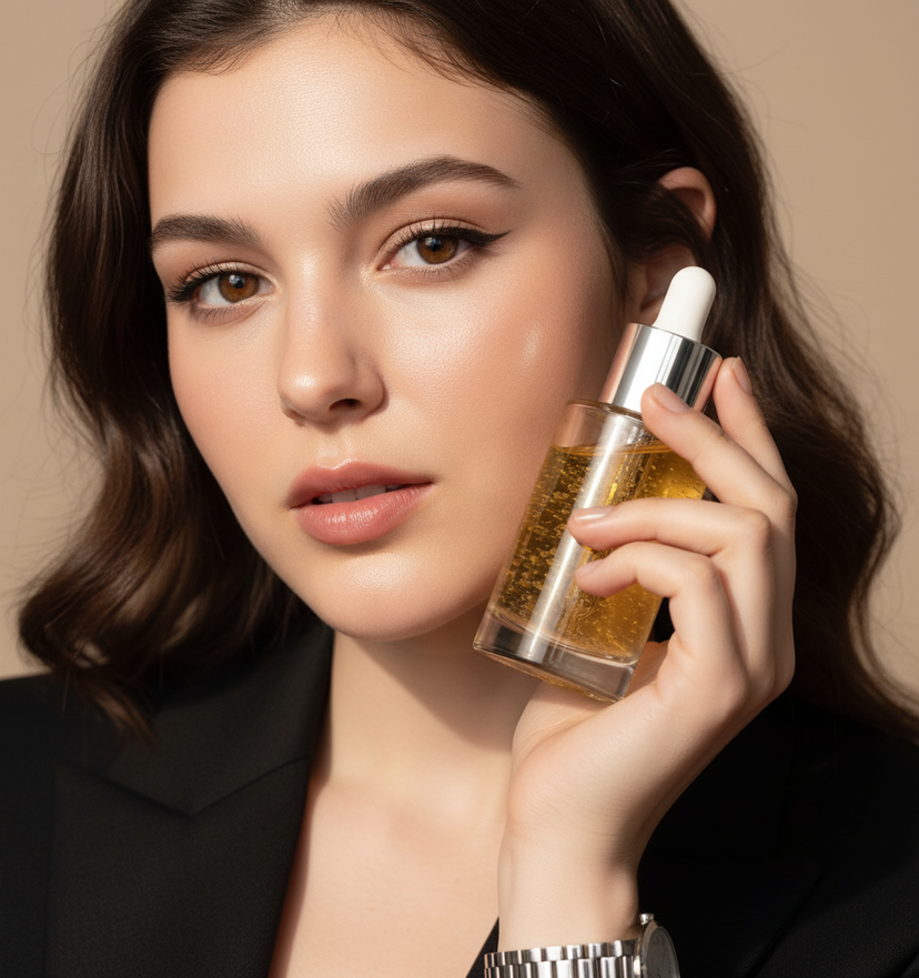 Luxe Beauty Close-Up Shot — Ultra-realistic beauty campaign featuring the uploaded image holding a premium skincare serum bottle near the face. Clean, soft-beig