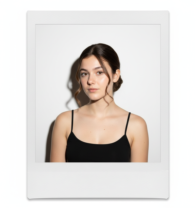 Instant Camera Polaroid — Pick a hairstyle or accessory that would suit my style — for example, bangs, a sleek bun, soft waves, or statement earrings — and then