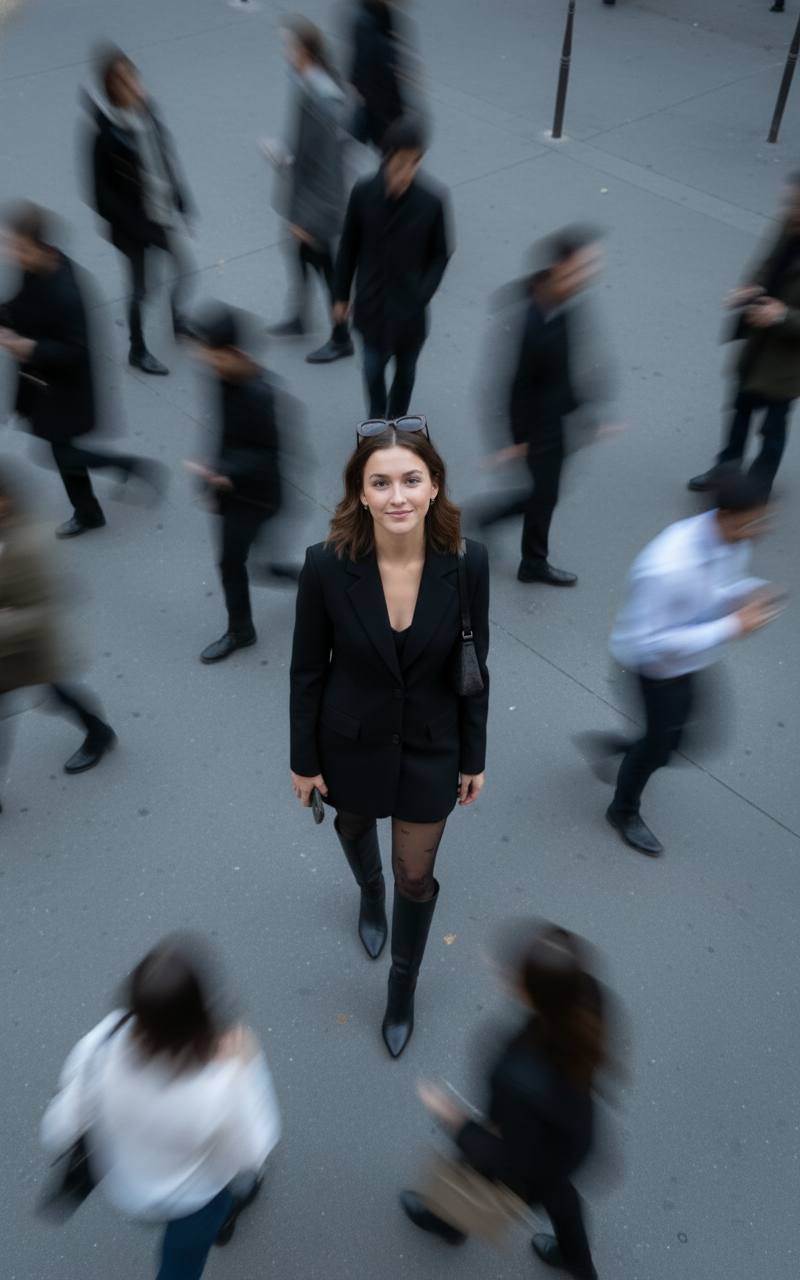 High Angle Photoshoot — high angle shot form above, portrait of the uploaded image stand in a black outfit, surrounded by lo…
