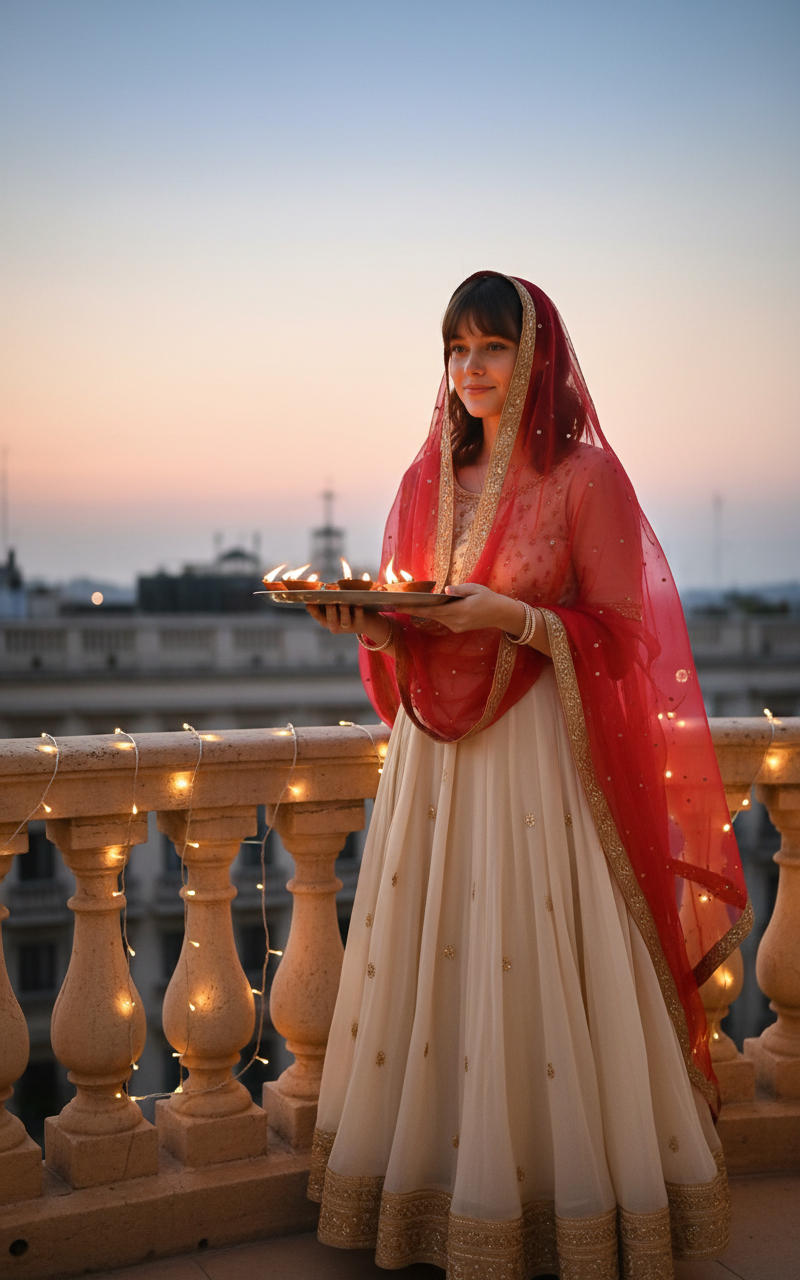 Diwali Evening — Use the uploaded image of the person. Dress them in traditional clothes. Show them performing an aarti with a lit diya plate on their balcony, 