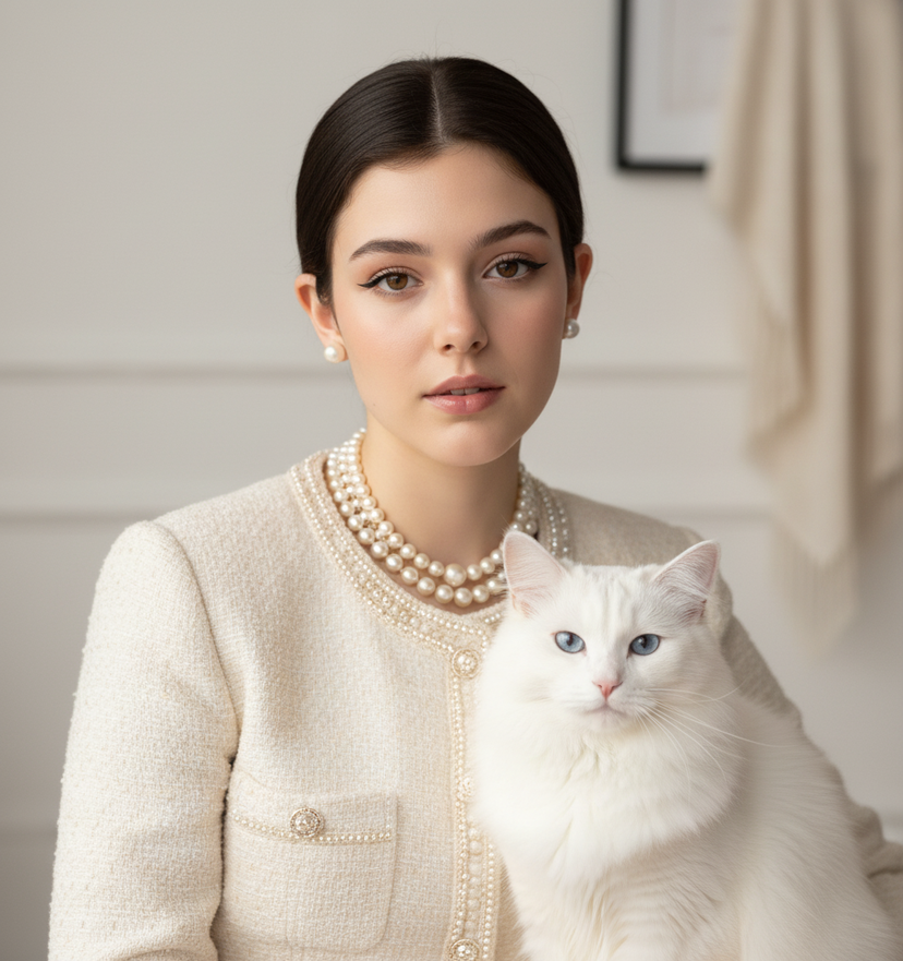 Pose with Cat Studio Portrait — Close-up 4k portrait of the uploaded image with a white long-haired cat seated elegantly next to her. Aesthetic: Chanel classic 