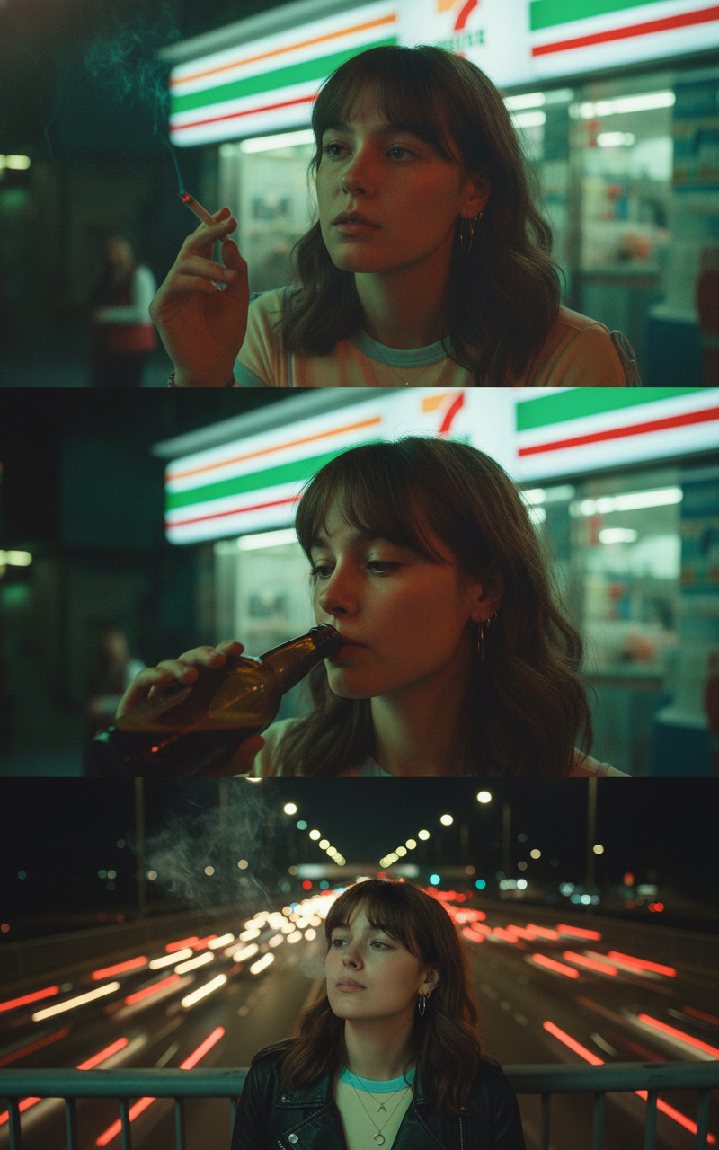 City Style — Wong Kar-wai-inspired cinematic triptych of uploaded image in the city at night, bathed in moody neon green, amber, and red lights. Film grain, dre