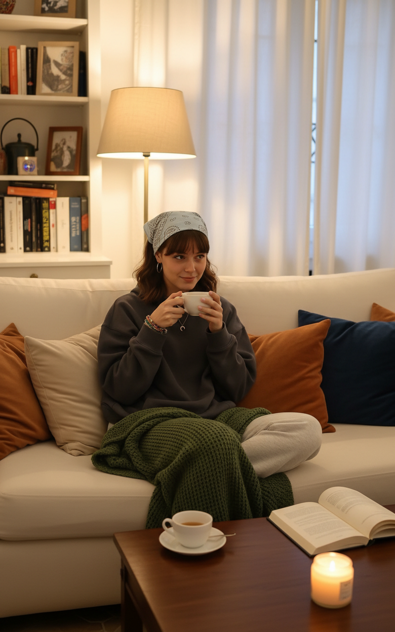 Instagram Post at Home — relatable uploaded image lounging in casual clothes, sipping tea on a comfy couch keeping facial features, style and hairs same.