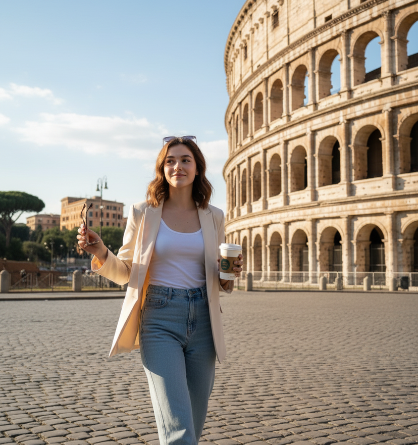   Colosseum Rome Candid Portrait — natural daylight photo near the Colosseum, Rome. woman crossing the cobblestone street with soft sunlight reflecting off the 