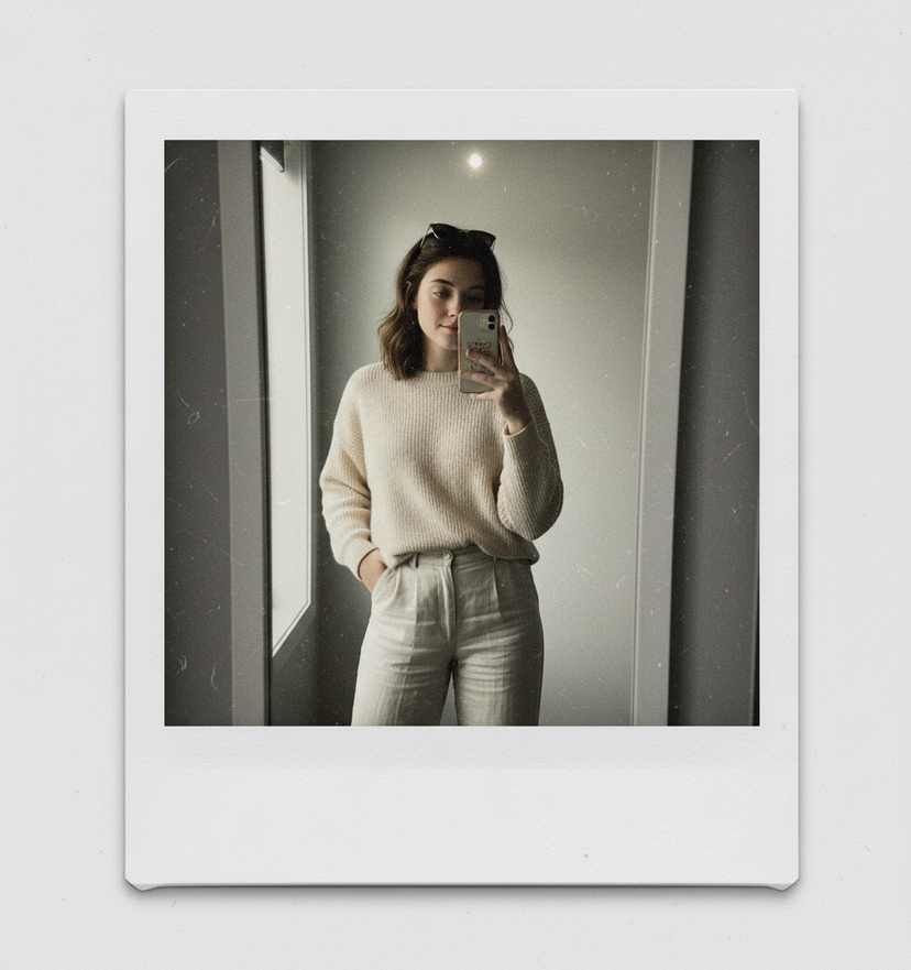 Instant Camera Polaroid 4 — Create a Polaroid-style image of me taking a mirror selfie in a softly lit room, holding the phone with one hand, wearing a trendy n