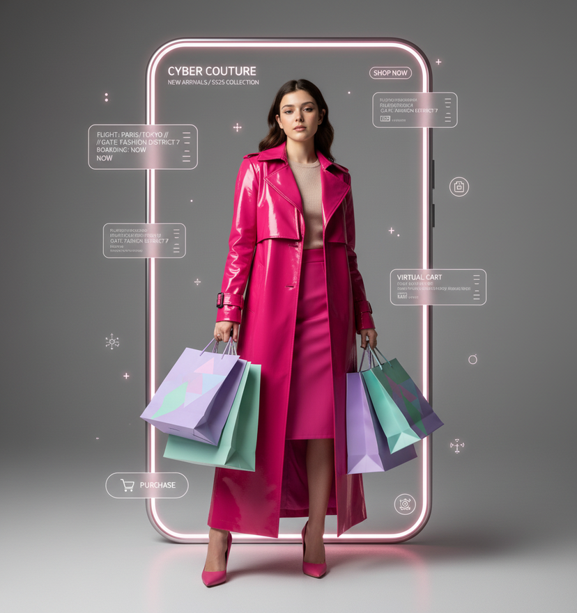 Cyber Couture  — A hyper-stylized, futuristic fashion advertisement featuring the uploaded image wearing a long vibrant hot-pink trench coat, matching high-wais