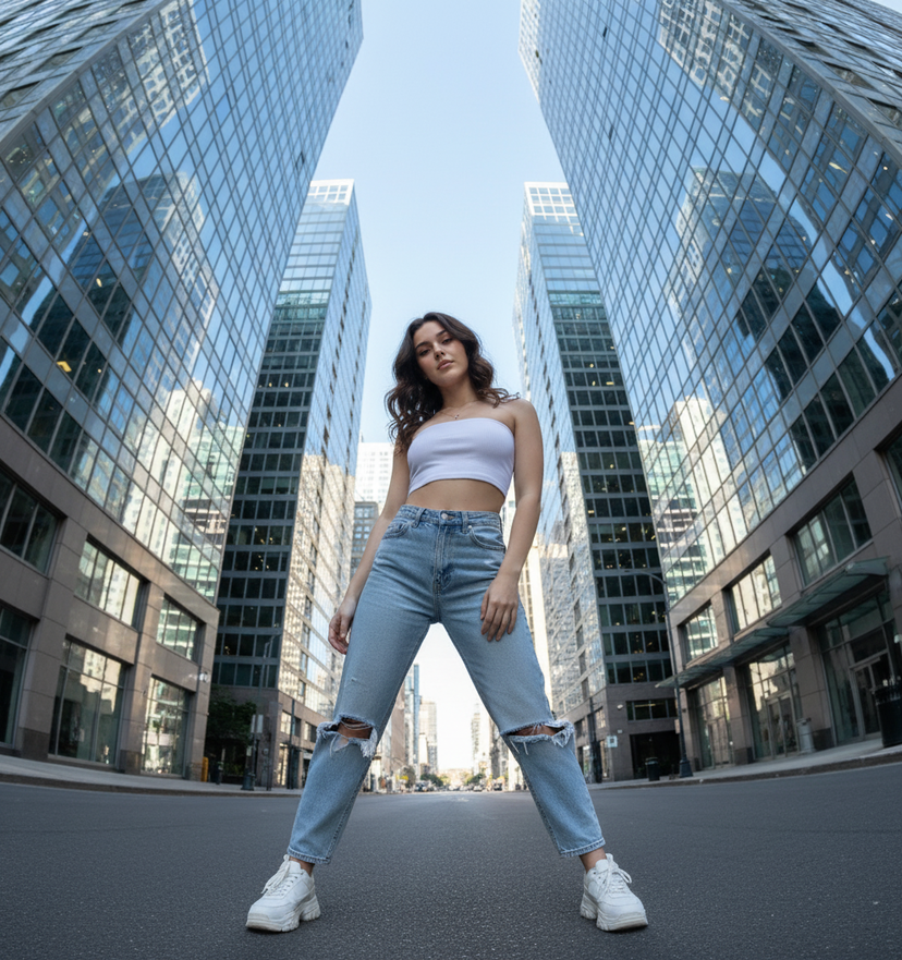Fisheye City Street Aesthetic — Street-style fashion portrait of the uploaded image taken with a dramatic low fisheye perspective. The uploaded image stands wid