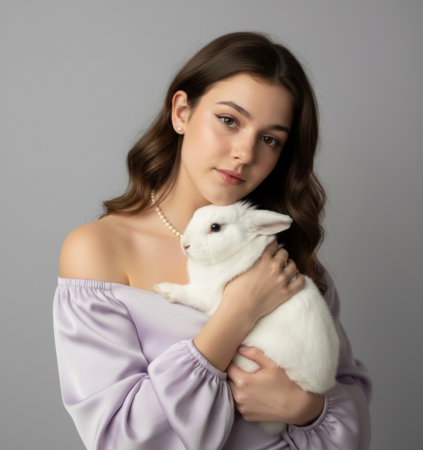 Delicate Rabbit Studio Shoot — Close-up studio portrait of the uploaded image holding a white rabbit. Outfit: pastel lavender off-shoulder satin blouse. Jewelle