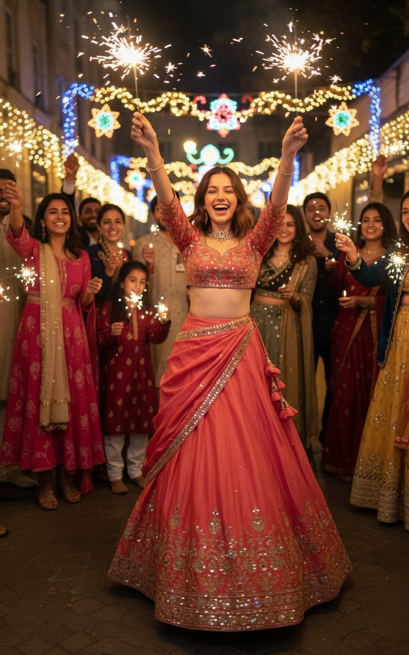 Diwali Celebration — Use the uploaded image of the person. Dress them in vibrant festive clothes. Show them holding sparklers with friends or family in the back