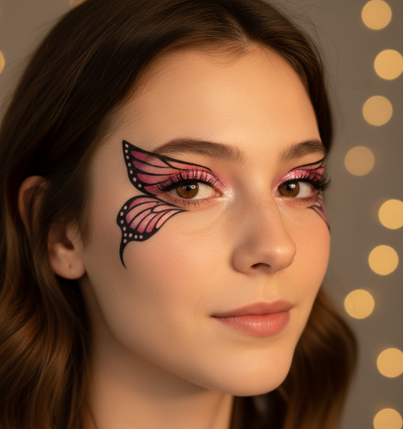 Artistic Eye Makeup Close-Up — A high-resolution close-up portrait of this girl with the same face and features, showcasing detailed pink and black butterfly-wi