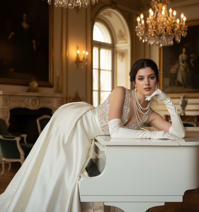 Pearls of Elegance — A glamorous woman posing elegantly on a white grand piano in an opulent classical interior. She is wearing a luxurious white satin gown pai
