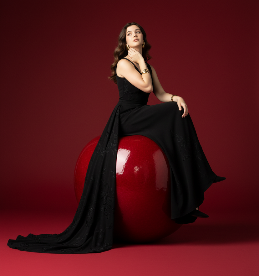 Giant Red Cherry Dramatic Shot — A striking, surreal fashion image featuring the subject from the uploaded image posed atop an enormous glossy red cherry agains