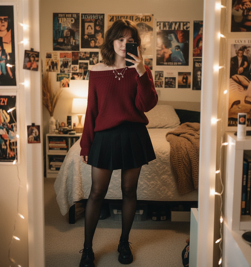 Indoor Mirror Selfie  — Indoor mirror-selfie fashion portrait in a cozy softly lit bedroom, background clearly visible with…