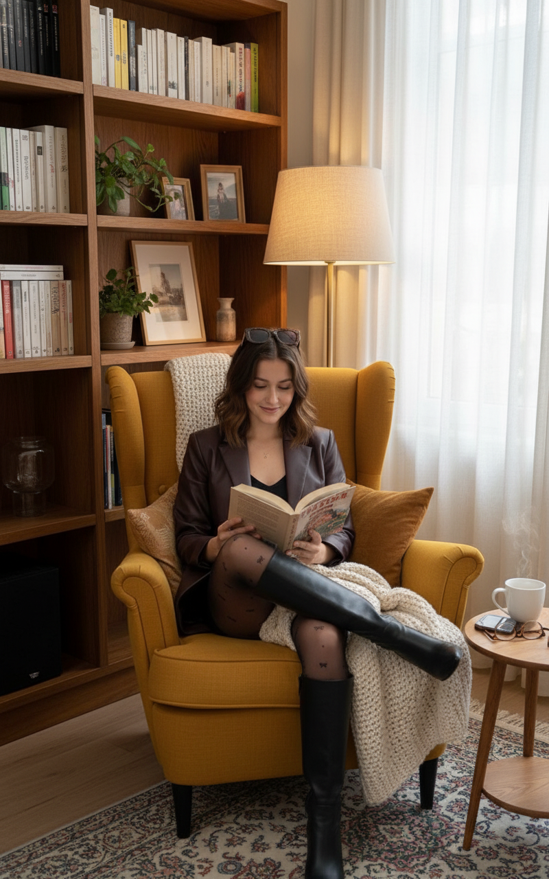 Instagram Post - Reading Book — uploaded image reading a book in a cozy home environment keeping facial features, style and hairs same.