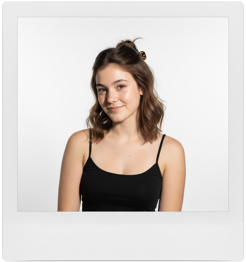 Instant Camera Polaroid 2 — Pick a hairstyle or accessory that would suit my style — for example, bangs, a sleek bun, soft waves, or statement earrings — and th