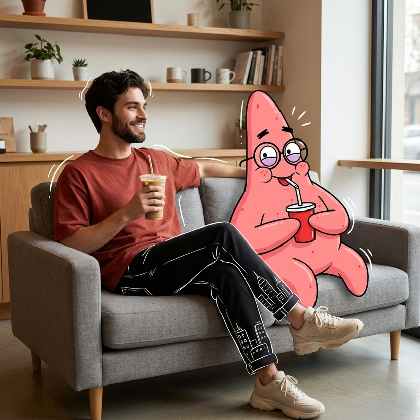 Relaxing with Patrick Star — Make the uploaded image with dark short wavy hair and trimmed beard is relaxing on a modern grey sofa in a cozy coffee shop. He is 