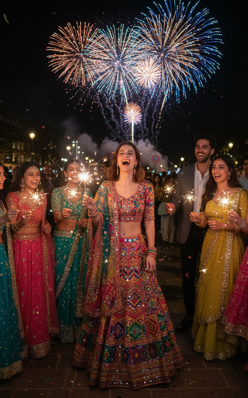 Diwali Celebration(Friends) — Use the uploaded image of the person. Dress them in bright ethnic wear and place them outdoors at night, laughing while lighting s