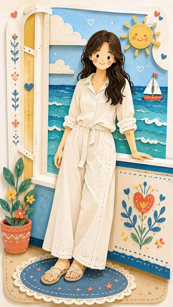 Decorative Folk Flat Paper Cut Illustration — Reimagine the entire image as one cohesive Decorative Folk Flat Illustration blended with a soft handcrafted paper