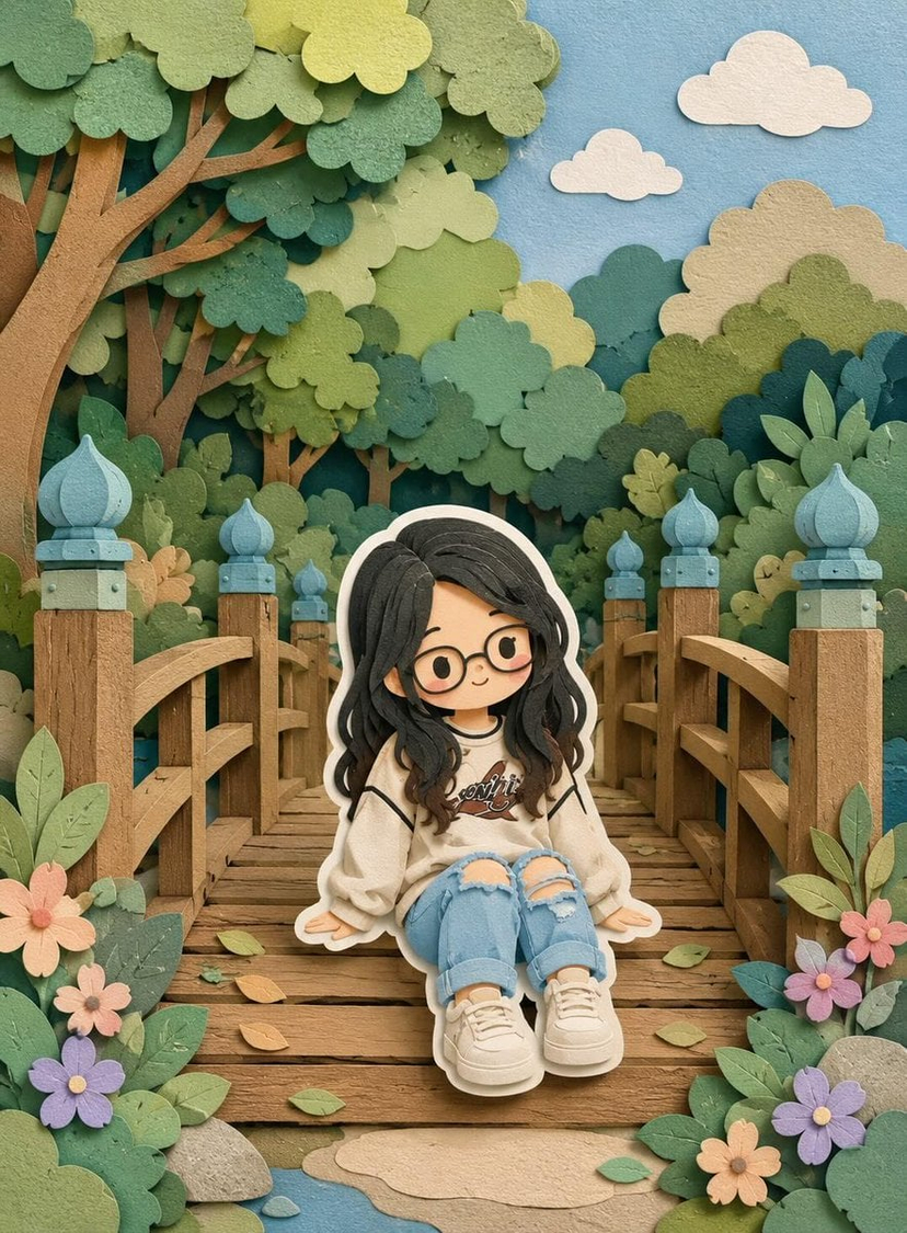 Cute Layered Paper Cut Chibi Girl — Cute layered paper-cut art style illustration of a chibi girl with big expressive eyes and long wavy black hair, designed li