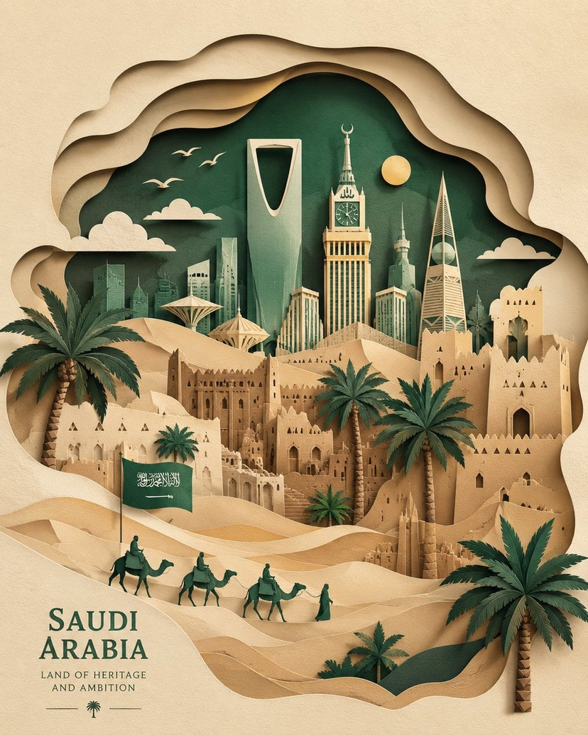 Saudi Arabia Paper Cut Travel Poster — Saudi Arabia paper-cut illustration, layered paper art style, desert dunes, palm trees, traditional architecture, modern 
