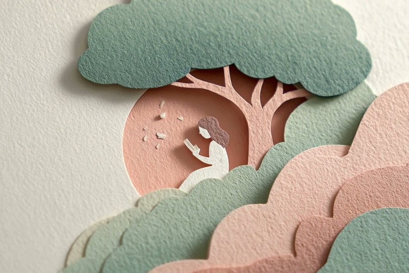 Layered Paper Cut Illustration Template — Layered paper-cut illustration of [Subject], built with overlapping shapes in soft [Color One] and [Color Two], handcr