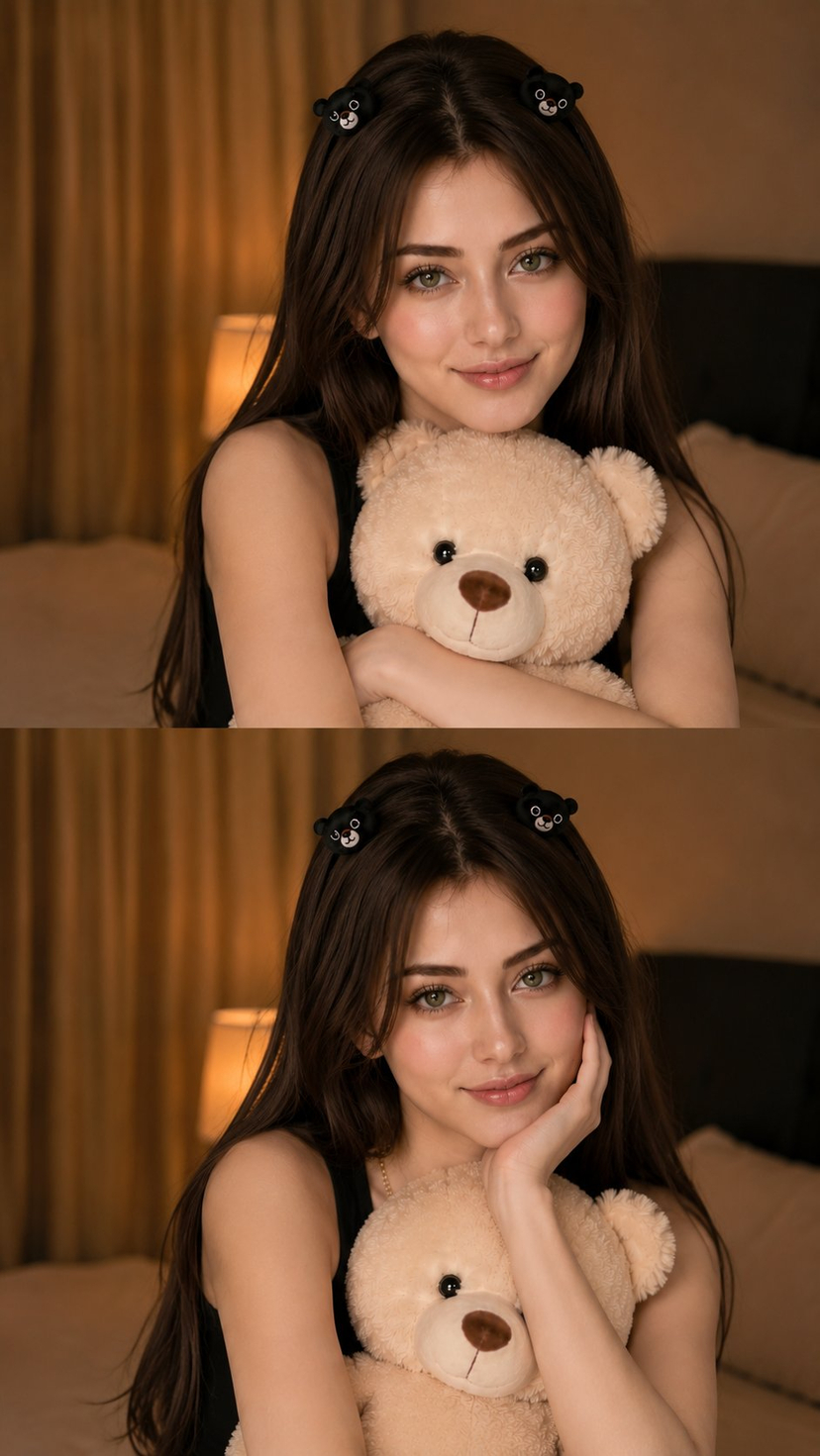 Korean Teddy Bear Bedroom Two-Panel Collage — A beautiful Korean girl with fair glowing skin, soft oval face, large expressive eyes, natural glossy lips, and lo