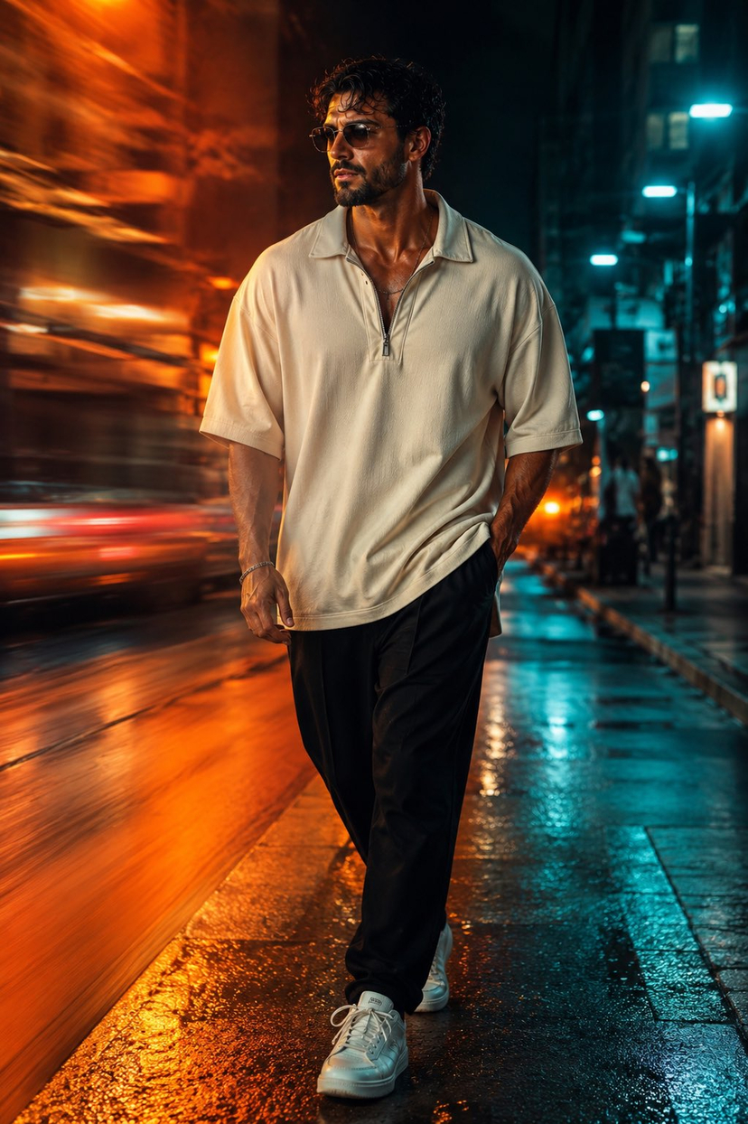 Face-Locked Cream Half-Zip Street Walk — Using the uploaded image and without changing face, create a stylish cinematic street-fashion portrait of the subject w