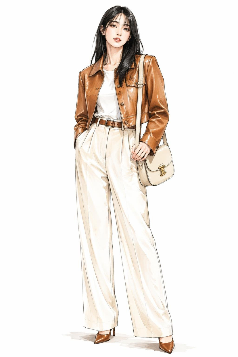 Leather Jacket Cream Trousers Fashion Sketch — Full-body fashion illustration of a beautiful young woman with long straight black hair and soft elegant facial f