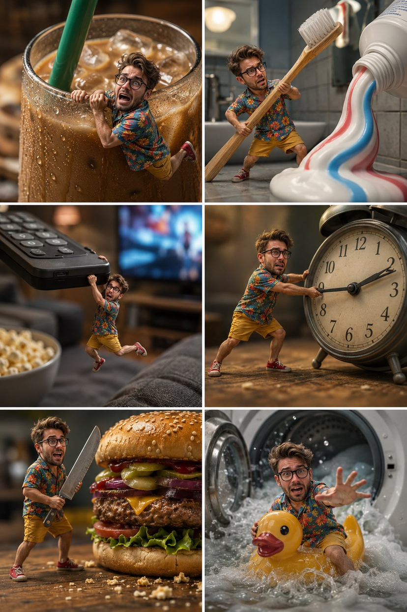 Tiny Man Macro Survival Six-Panel Collage — Image created on gpt2 Prompt 👇 Ultra-realistic cinematic macro miniature photography, a 6-panel vertical collage (2