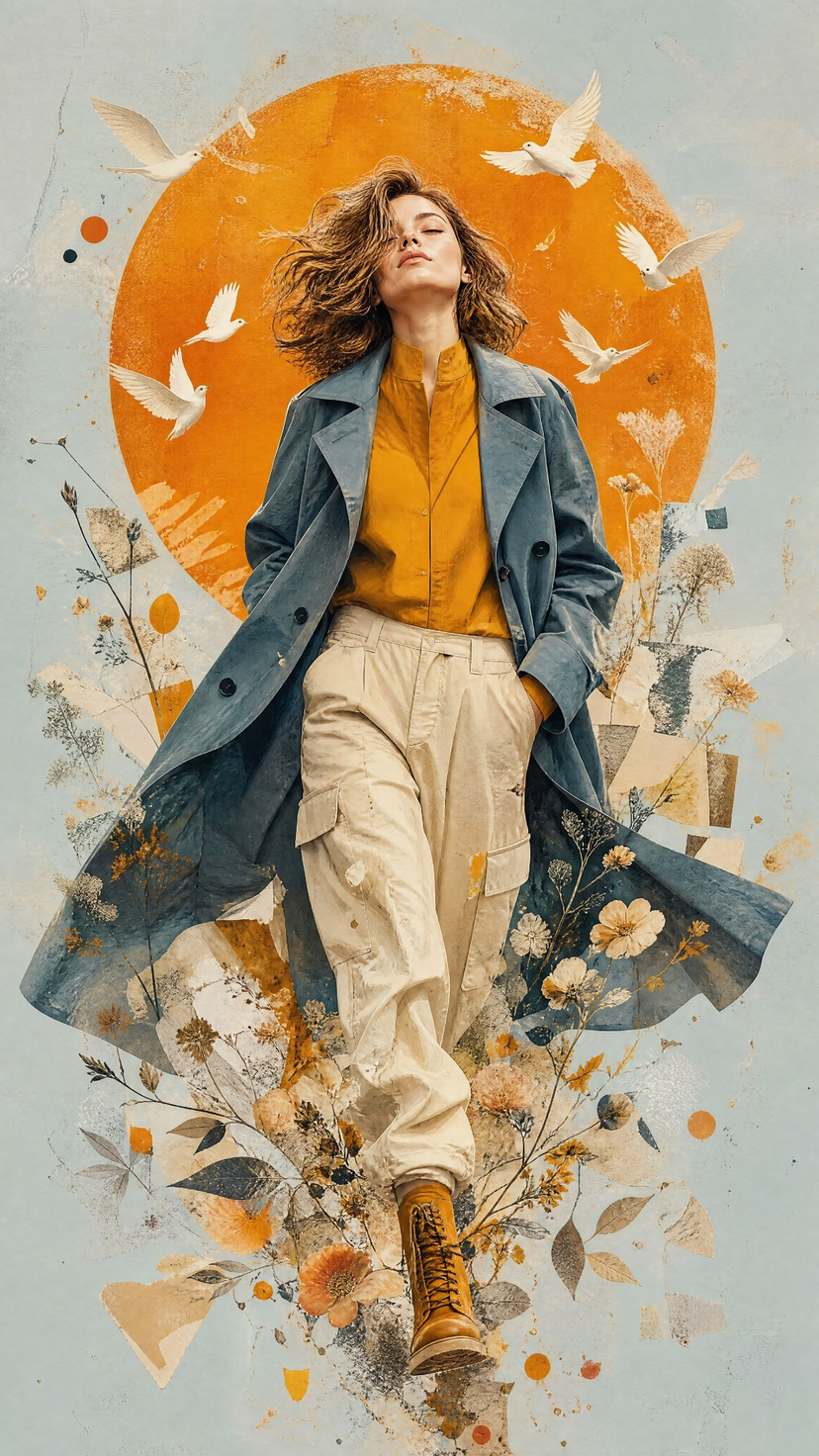 Mixed Media Editorial Woman Illustration — A premium contemporary mixed-media editorial illustration of a woman as the attached image, walking confidently forwa